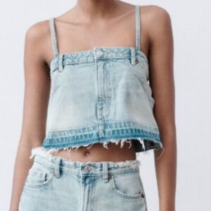 Zara Denim Crop Top Frayed Hem Light Blue Women’s Size Medium